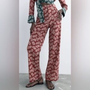 🆕ZARA Women The Jasmine Pant Hi-Rise Wide-Leg Lightweight Brown Pants Size M